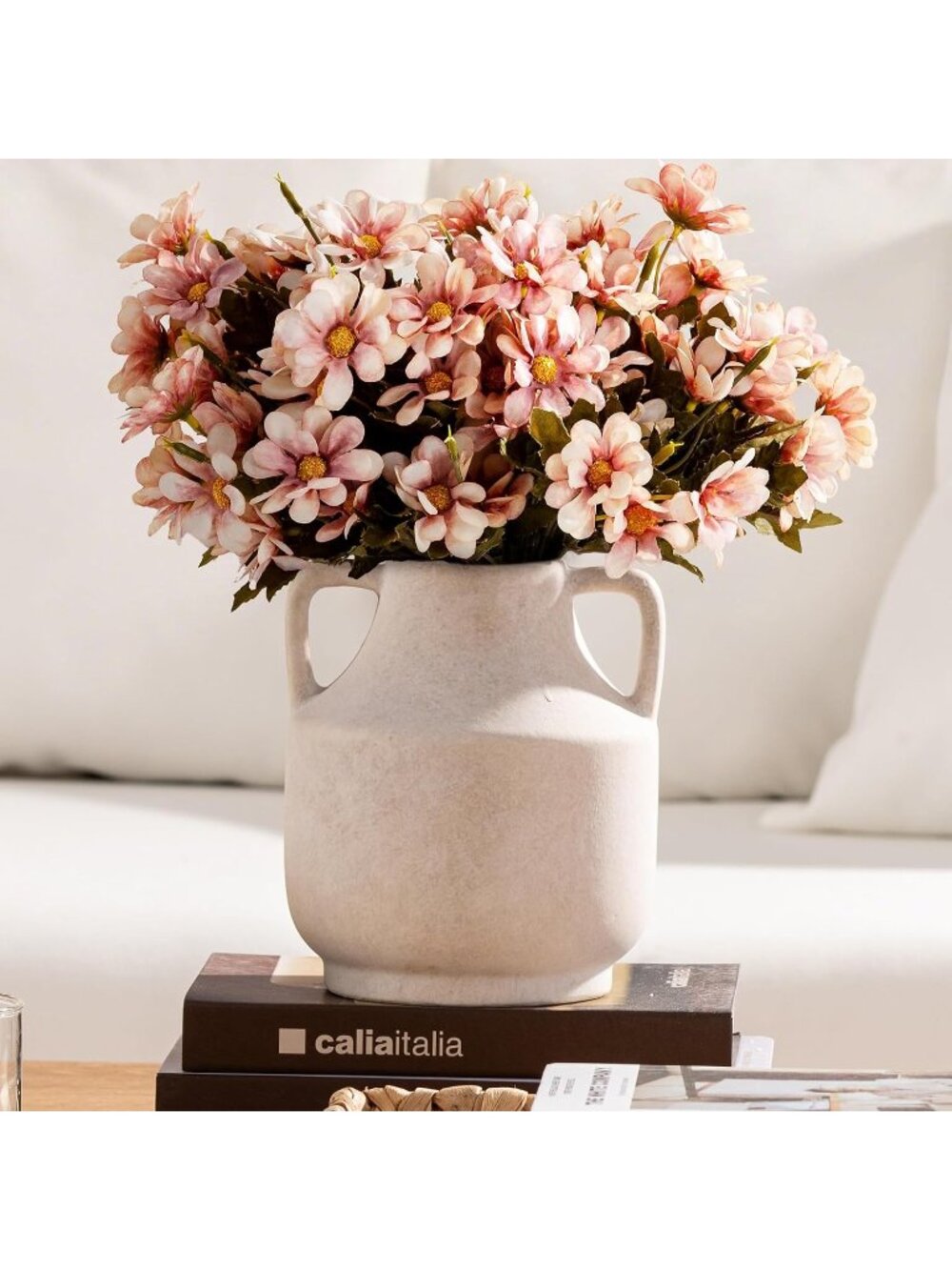 11 inch Off-White Terracotta Farmhouse Ceramic Flower Vase with Handles Home Dec